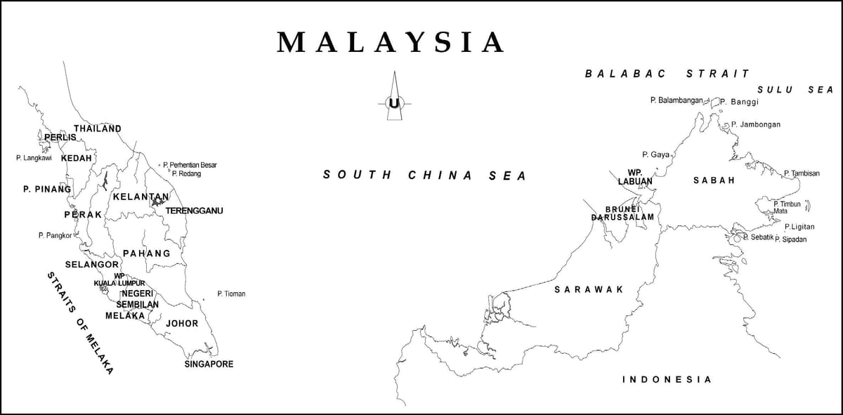 mapa de contorno do mapa da malásia com os limites estaduais